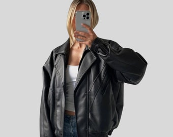 90's Womens Vintage Oversized Straight Jacket, dames leren jas, dames bikerjack, dames oversized leren jas, Cadeau voor haar