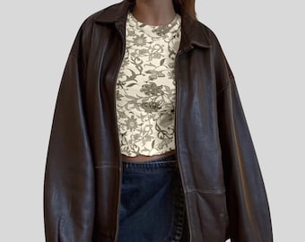 Women&#39;s Handmade Oversize Real Leather Vintage Brown Bomber Jacket, Gift for Her