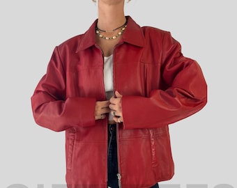 90's Boutique Leather Jacket, Red Leather Jacket, Oversized 90's Boutique Leather Jacket, Red Leather Jacket, Oversized