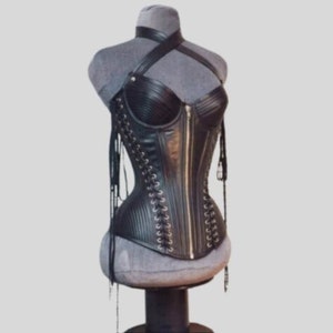 Heavy Duty Genuine Real Sheep Leather & Stainless Steel Spiral Bones Over Bust Corset Black Women's, Gift for her