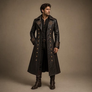 Puede incluir: Un abrigo largo de cuero marrón oscuro con botones dorados y detalles decorativos. El abrigo presenta un diseño cruzado y un cuello alto. Las mangas tienen puños detallados. El abrigo se combina con pantalones negros y botas marrones.