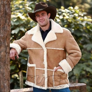 Leather Jacket Men&#39;s Handmade Bomber Fur Shearling Distressed Brown Coat Sheepskin Leather Coat, Shearling Lambskin Leather Jacket