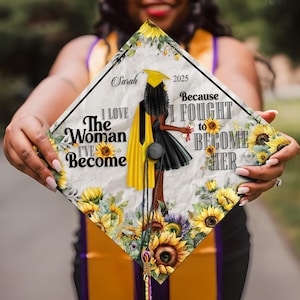 Custom Graduation Cap Topper Black Girl, Personalized God Message Grad Cap Decoration, Sunflower Cap Topper Design Class of 2025