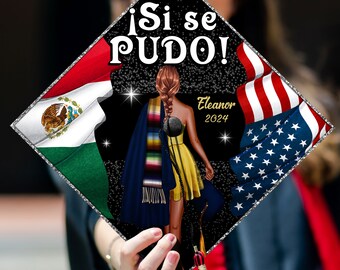 Custom Mexican Grad Cap Topper, Si se pudo Mexican US Flag Graduation Cap, Personalized Latin Graduation Cap Topper, Proud First Generation