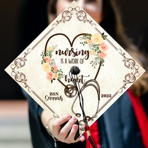 Personalized Nursing Is A Work Of Heart Graduation Cap, Custom Nursing Grad Cap Topper To Celebrate Your Big Day, Class Of 2024