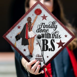 Custom Finally Done With This BS Graduation Cap Topper, Cheerleader Grad Cap Topper, Gift for Cheer Girls 2024