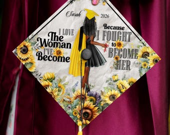 Personalized Graduation Cap Topper, Black Girl Sunflower Design, Class of 2026