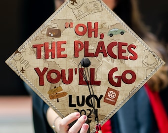 Personalized Oh The Places You'll Go Printed Grad Cap Topper, Personalized Graduation Decoration, Class of 2024, Custom Teacher Grad Cap