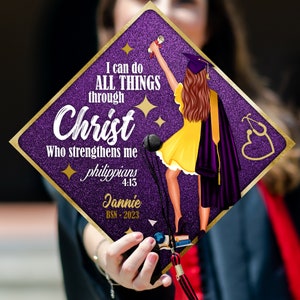 Personalized Christian Graduation Cap Topper,  I Can Do All Things Through Christ Grad Cap Topper, Bible Verse Cap Decoration