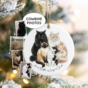 May include: A round, white ceramic Christmas ornament featuring a group of five cats with different fur patterns and colors. The ornament has a gold string for hanging and the words "Leo, Bella, Lucy, Jack" are written on the bottom.