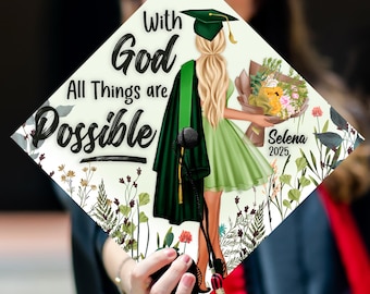With God All Things are Possible Graduation Cap Topper, Custom Cap Decoration with Verses, Wild Flower Grad Cap Design 2025