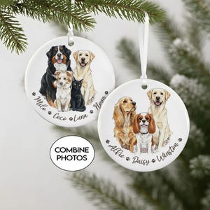 May include: Two white ceramic ornaments with dog portraits and names. One features a Bernese Mountain Dog, a Golden Retriever, a small dog, and a black cat. The other has a Cocker Spaniel, a Cavalier King Charles Spaniel, and a Labrador Retriever.