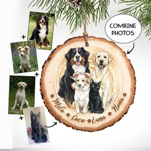 May include: A personalized wooden ornament featuring a family of pets. The ornament includes a Bernese Mountain Dog, a Labrador, a small dog, and a black cat. The names Milo, Coco, Luna, and Nova are printed on the ornament.