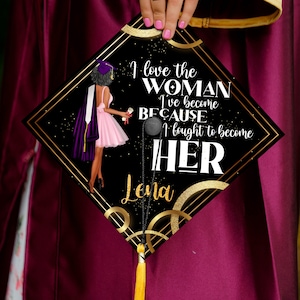 I Love The Woman I've Become Because I Fought to Become Her Graduation Cap Topper, Personalized Graduation Decoration, Class of 2024