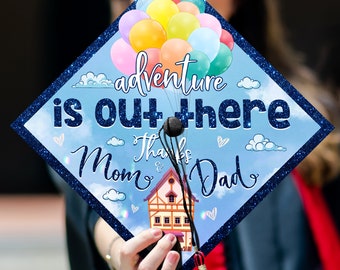 Printed Adventure Is Out There Grad Cap Topper, Personalized Graduation Decoration, Disney Pixar Up The Movie Grad Cap, Class of 2024