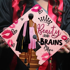 Beauty And Brains Personalized Graduation Cap, Black Queen Grad Cap Topper, Personalized Graduation Decoration, Class of 2024