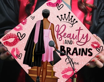 Beauty And Brains Personalized Graduation Cap, Black Queen Grad Cap Topper, Personalized Graduation Decoration, Class of 2024