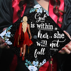 God Is Within Her She Will Not Fall | Psalm 46 5, Black Queen Grad Cap Topper, Personalized Graduation Decoration, Class of 2024