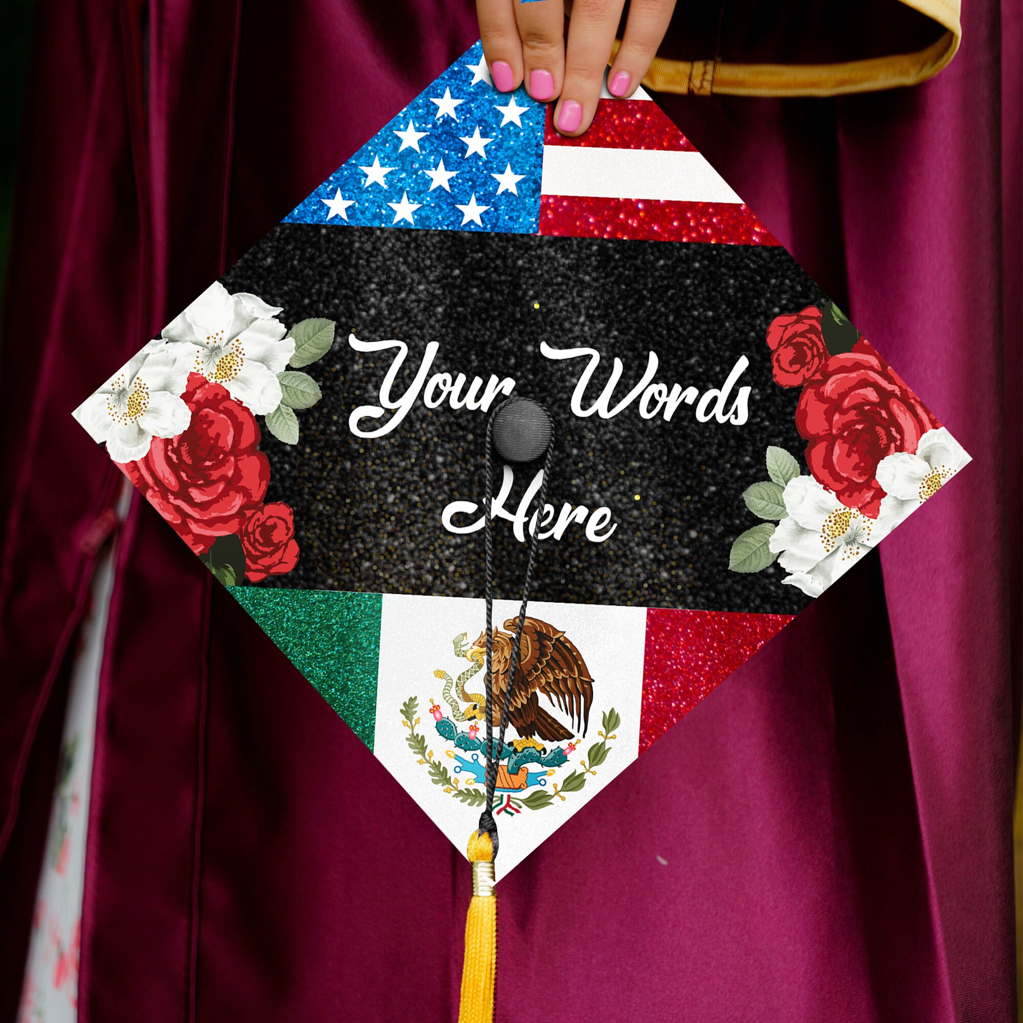 Customized Mexican Us Flag Printed Grad Cap Topper, Mexican 