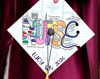 Printed Nurse Symbols Grad Cap, Nursing Grad Cap Topper, Custom Graduation Decoration, Nursing School, Nursing Student Gift, Nurse RN Gift