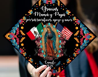 Personalized Gracias Mamá y Papá Guadalupe Printed Grad Cap Topper, Mexican Grad Cap Topper, Latin Graduation Decoration, Class of 2026