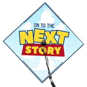 May include: A blue diamond-shaped sign with white clouds and the text "ON TO THE NEXT STORY" in yellow and red. A black microphone is hanging from the bottom of the sign.
