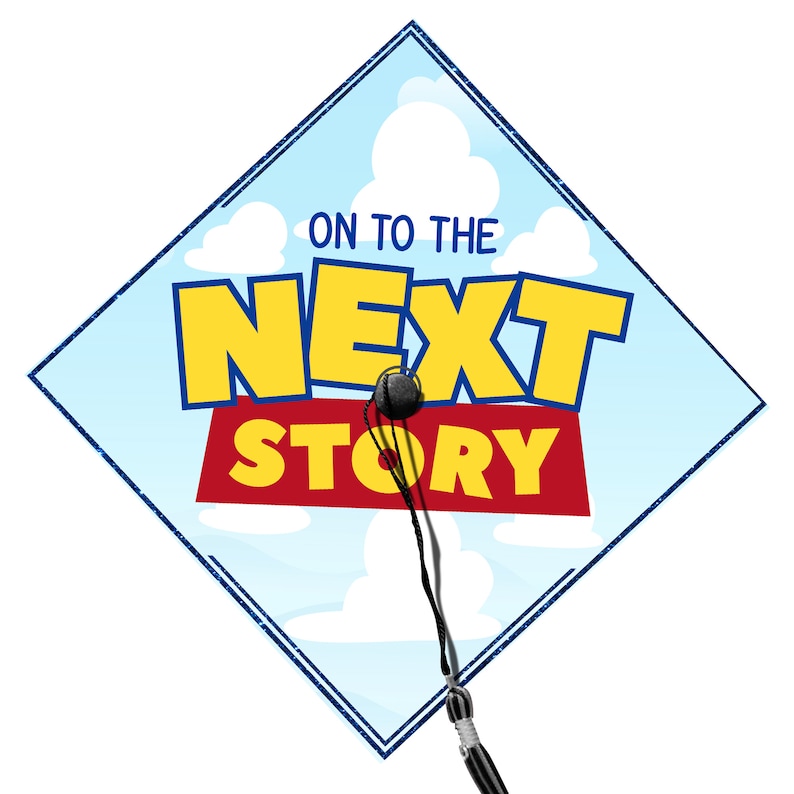 May include: A blue diamond-shaped sign with white clouds and the text "ON TO THE NEXT STORY" in yellow and red. A black microphone is hanging from the bottom of the sign.