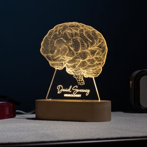 May include: A wooden base with a 3D printed brain-shaped acrylic lamp. The lamp is lit up and the name "Daniel Sweeney" and the word "NEUROLOGIST" are engraved on the acrylic.