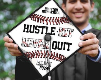 Hustle Hit Never Quit Baseball Grad Cap, Custom High School Baseball Grad Cap Topper, Baseball Lover Gift, Class of 2024