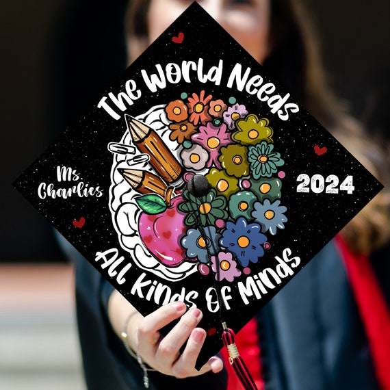 The World Needs All Kinds Of Minds Printed Grad Cap Topper, Custom Graduation Hat Topper For Special Teacher, Autism Awareness Gift