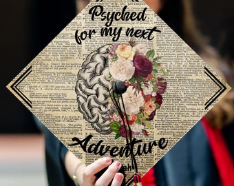 Psychology Graduation Cap Topper, Floral Brain, Adventure Awaits