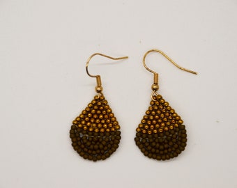 Antique gold beaded earrings- hand beaded teardrops with gold and metallic olive