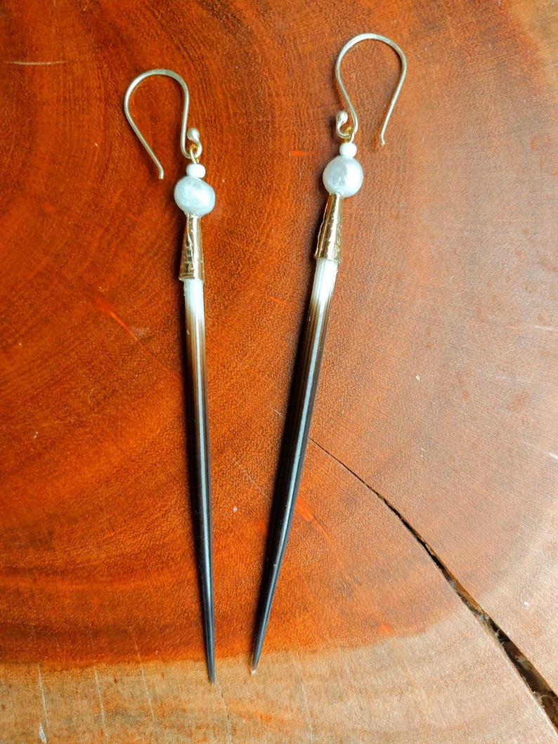 African Porcupine Quill and Freshwater Pearl Earrings gold Etsy