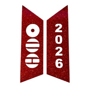 May include: Two red glittery banner shapes with white text. One banner has the letters "HDC" and the other has the numbers "2026". The banners are on a white background.