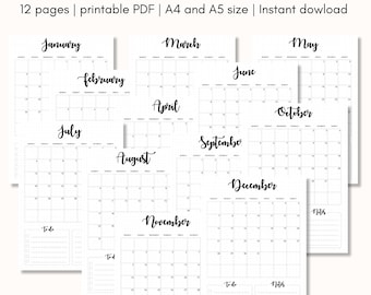 2026 Monthly logs bundle for bullet journal, minimalist calendar bujo spread, printable planner page, dotted and blank, A4 and A5 size