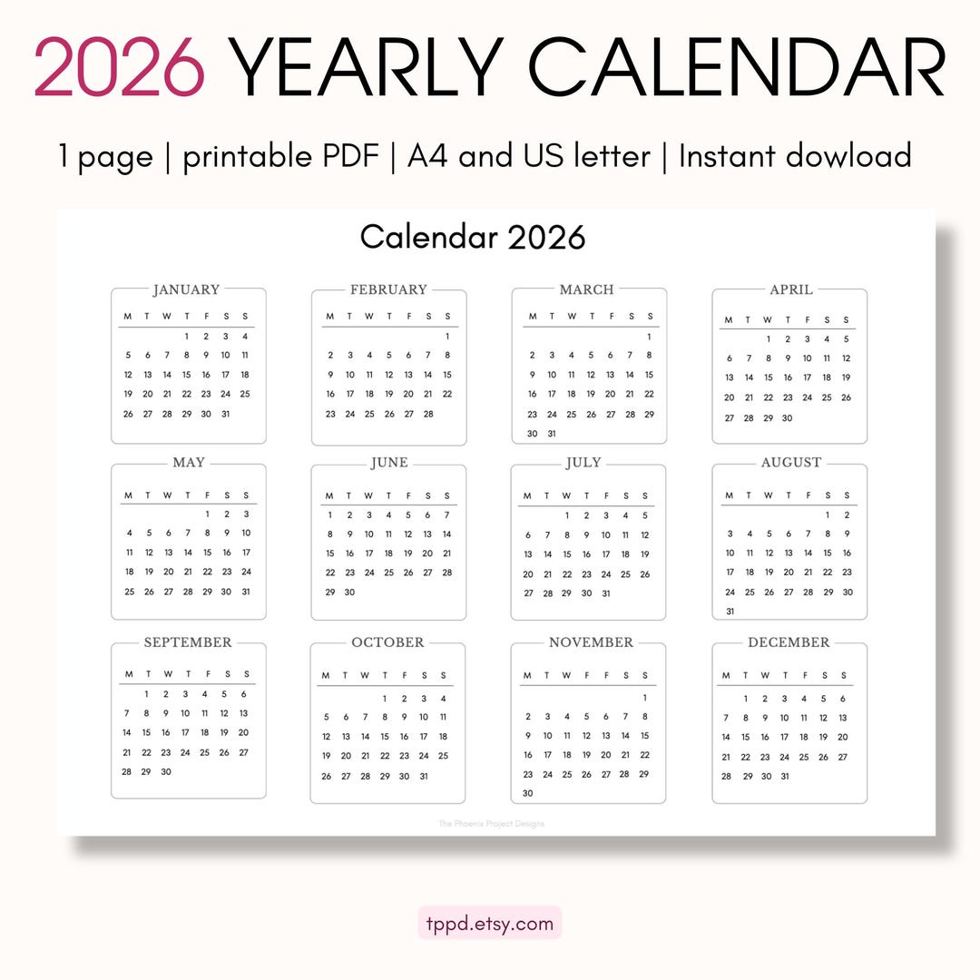2026 Calendar Printable Horizontal, Yearly Planner Minimalist Landscape ...