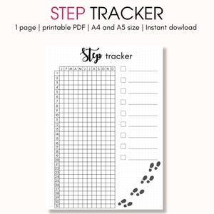 Peut inclure: Un suivi d'étapes imprimable intitulé "STEP TRACKER" en rose. Le tracker présente une grille pour suivre les pas, avec les mois en haut et les chiffres de 1 à 31 sur le côté. Des empreintes de pas sont en bas.