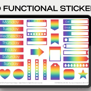 Peut inclure: Un ensemble de 30 autocollants pour planificateur numérique aux couleurs de l'arc-en-ciel. Les autocollants comprennent les jours de la semaine, rendez-vous, appel, courriel, flèches, étoiles, cœurs et autres formes. Le texte "30 FUNCTIONAL STICKERS" est en haut de l'image. Le texte "FOR PERSONAL USE ONLY - You may not reproduce, alter or distribute" est en bas de l'image.