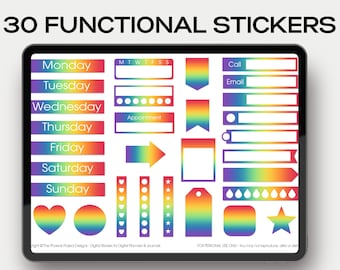 30 rainbow functional digital stickers for digital planners in GoodNotes format and pre cropped PNG files instant download for ipad planner
