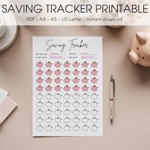 Peut inclure: Un suivi d'épargne imprimable intitulé "Saving Tracker Printable". Le document est conçu pour suivre les économies pour des vacances, avec une date de début le 01 mai 2024 et une date de fin le 01 mai 2025. Le suivi présente des rangées d'illustrations de tirelires.