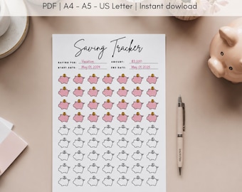 Saving Tracker Printable, Piggy Bank Savings Challenge, Budget Planner Insert, A4 A5 US Letter size, Digital file, Instant Download