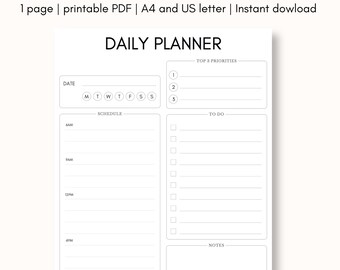 May include: A white daily planner with the text "DAILY PLANNER" in a pink and black font. The planner includes sections for date, schedule, top 3 priorities, to-do list, and notes. The text "1 page | printable PDF | A4 and US letter | Instant dowload" is also visible.