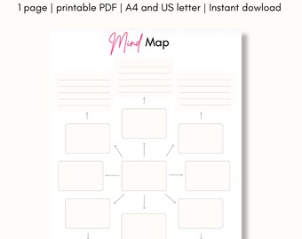 Mind mapping templates pdf, Minimalist mind map printable in vertical mode, Productivity planner A4 & US Letter, Instant Download