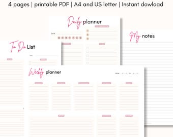 Horizontal Weekly Planner Printable bundle, A4 & US Letter, Weekly and Daily Planner, To do list and Notes, Instant Download Digital File