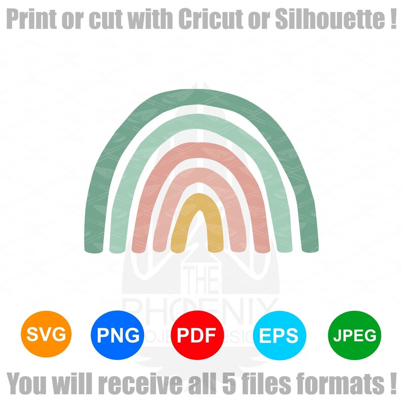 Op de afbeelding: Een regenboogontwerp met vijf kleuren: groen, roze, geel, roze en groen. De regenboog heeft een afgeronde boogvorm. De tekst "SVG, PNG, PDF, EPS, JPEG" staat onder de regenboog. De tekst "Je ontvangt alle 5 bestandsformaten!" staat onder de tekst.