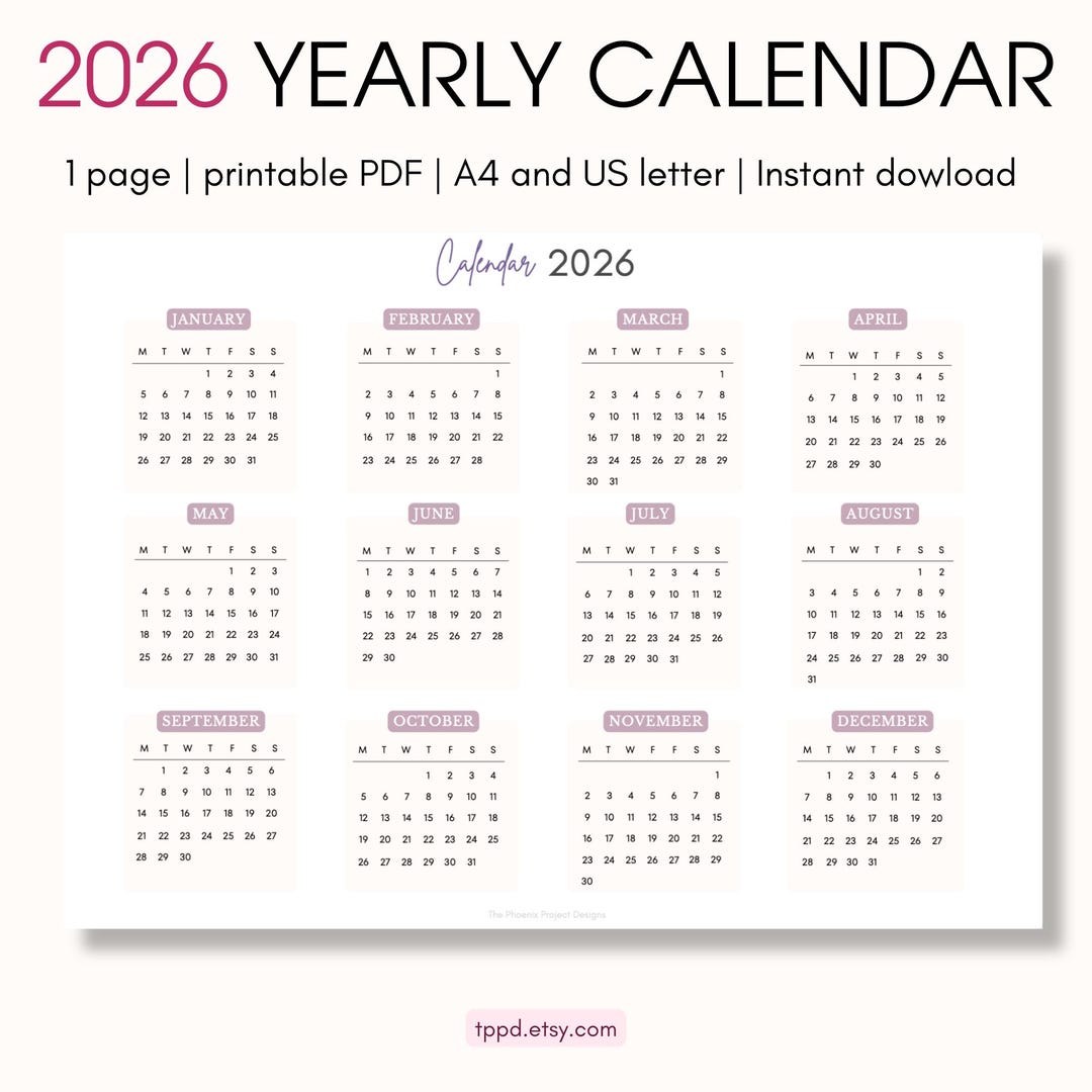 2026 Calendar Printable Horizontal, Yearly Planner Minimalist Landscape ...