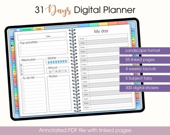 Monthly Landscape Notebook - Horizontal undated Digital Planner for Ipad and Android - Digital planner for GoodNotes Notability Zoomnotes