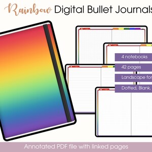 Peut inclure: Un carnet de notes numérique avec une couverture arc-en-ciel. Le carnet contient 4 cahiers, 42 pages et est en format paysage. Les pages sont disponibles en pointillés, vierges, lignées et quadrillées. Le carnet est un fichier PDF annoté avec des pages liées.
