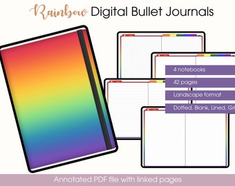 4 Horizontal Undated Digital Bullet Journal in rainbow  - Landscape Digital planner for GoodNotes and Notability