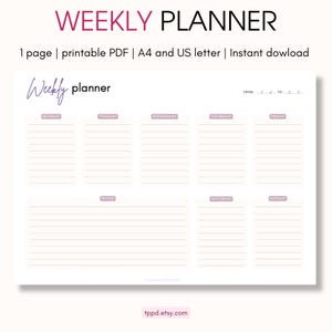 Peut inclure: Un planificateur hebdomadaire imprimable avec un fond rose clair. Le texte "WEEKLY PLANNER" est en haut en rose foncé. Le planificateur comprend des sections pour chaque jour de la semaine, des notes et un espace pour écrire les dates. L'URL de la boutique Etsy est en bas.